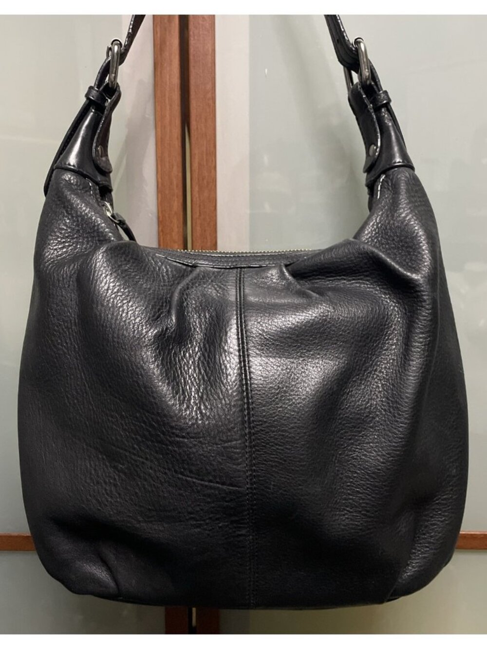 Calvin Klein Vintage Pebbled Black Leather Buckle Accented Hobo Shoulder Bag